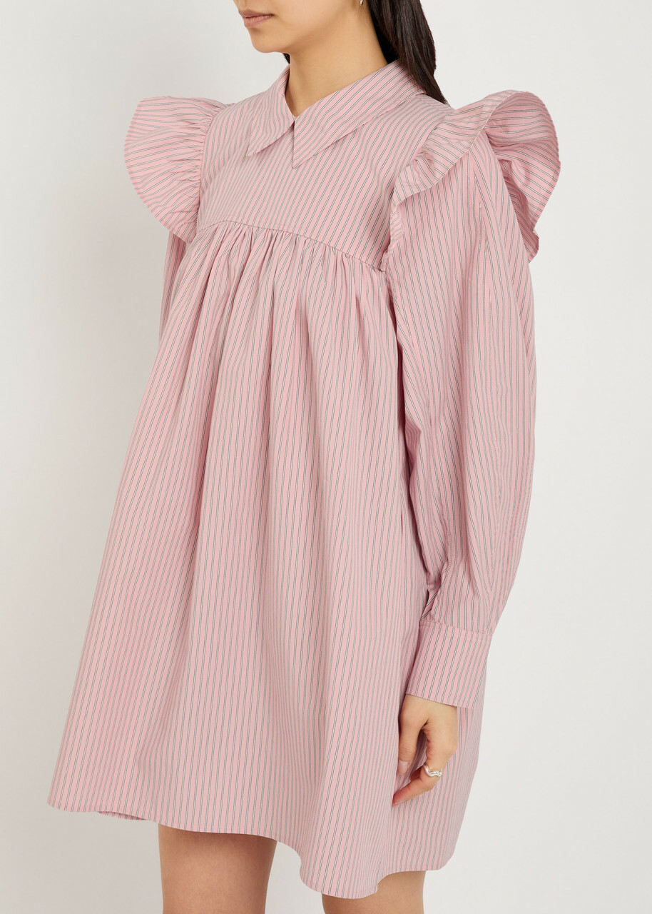 Ganni Striped Cotton-poplin Mini Shirt Dress Light Pink