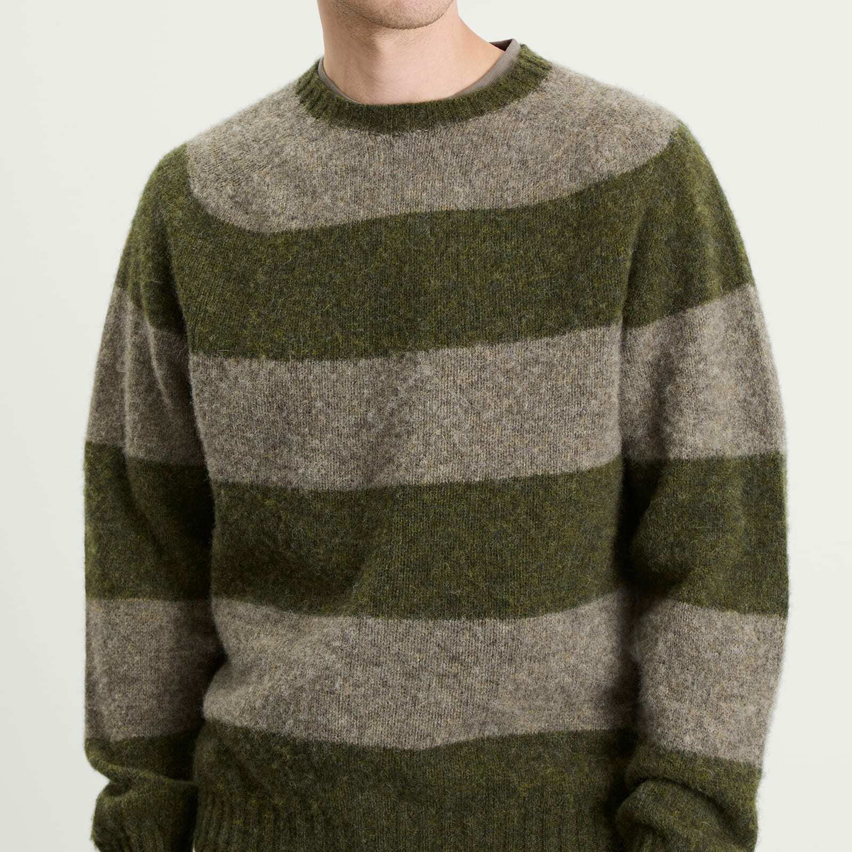 YMC Men's Suedehead Stripe Jumper in Green/Brown