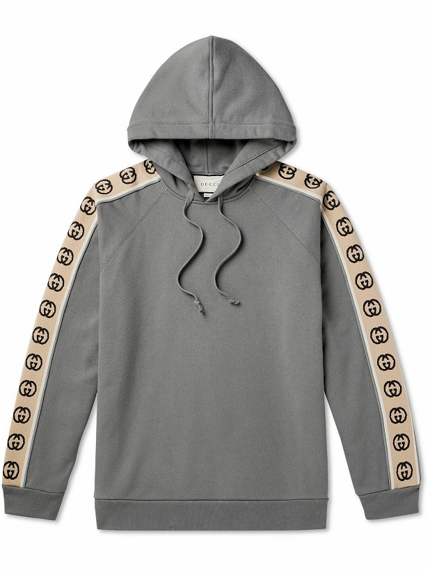 Photo: GUCCI - Oversized Webbing-Trimmed Loopback Cotton-Jersey Hoodie - Gray