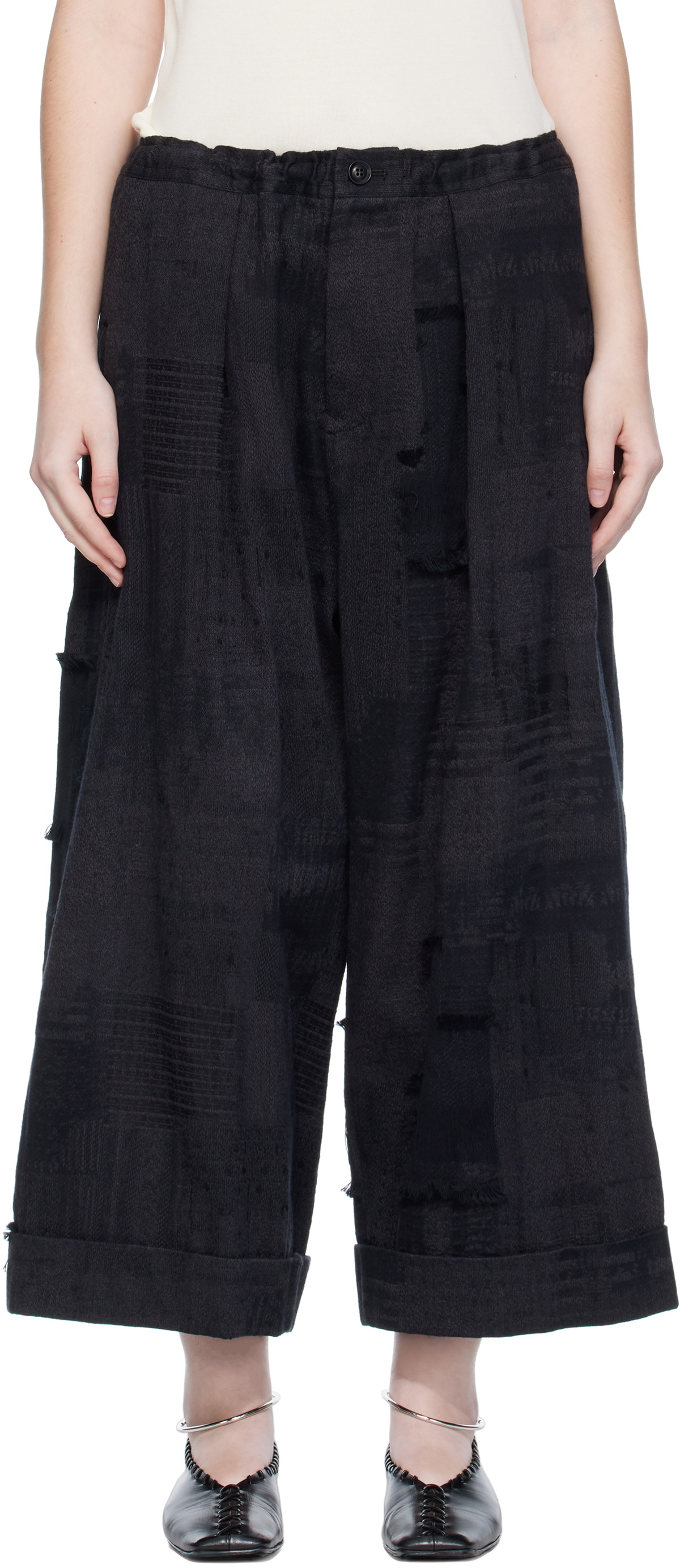 Y's Black Jacquard Trousers