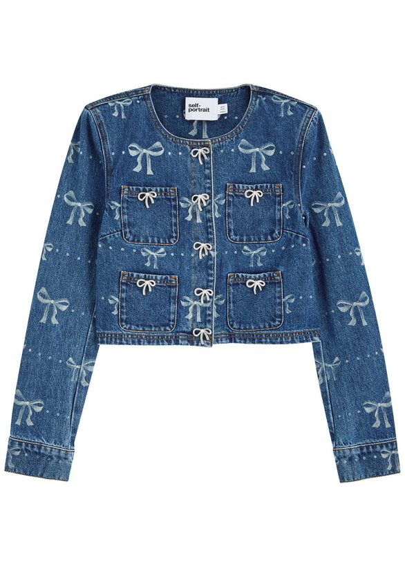 Photo: Self-portrait Bow-print Embellished Denim Cropped Jacket
