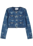 Self-portrait Bow-print Embellished Denim Cropped Jacket