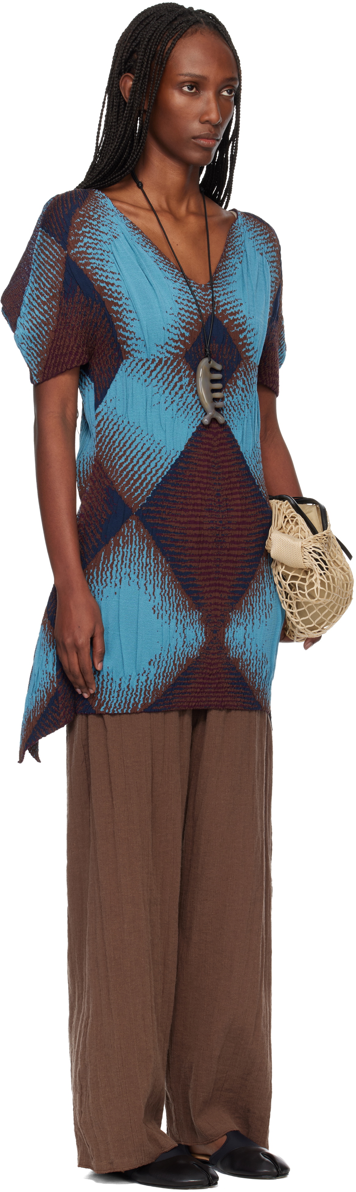 Kiko Kostadinov Brown & Blue Ikat Argyle Jacquard Minidress