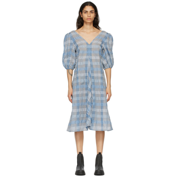 blue dress for baby girl Ganni Seersucker Blue Check Cotton-Blend Shirred Midi Dress main image 1