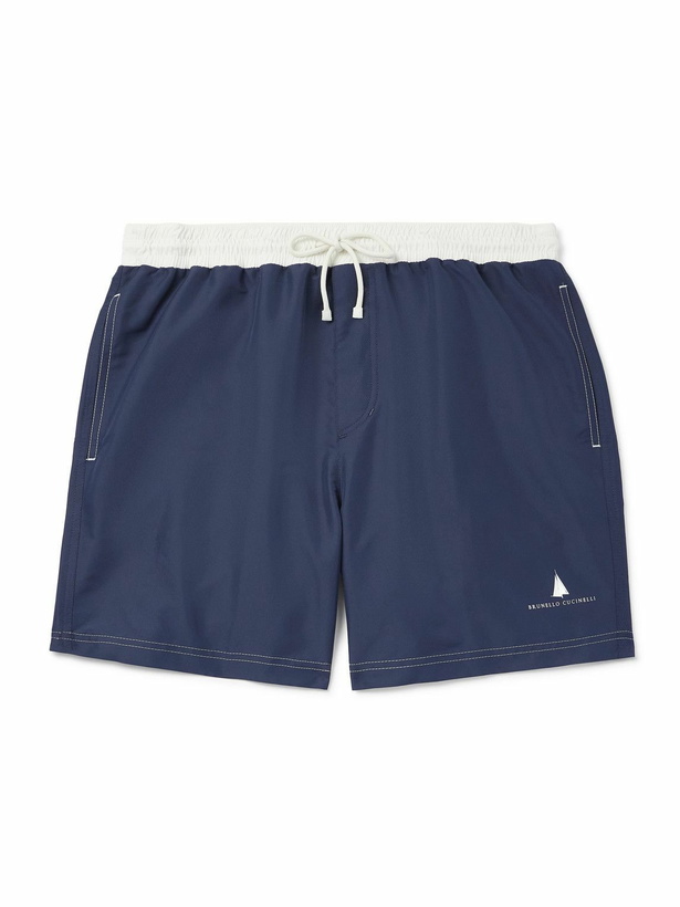 Photo: Brunello Cucinelli - Straight-Leg Mid-Length Logo-Print Swim Shorts - Blue