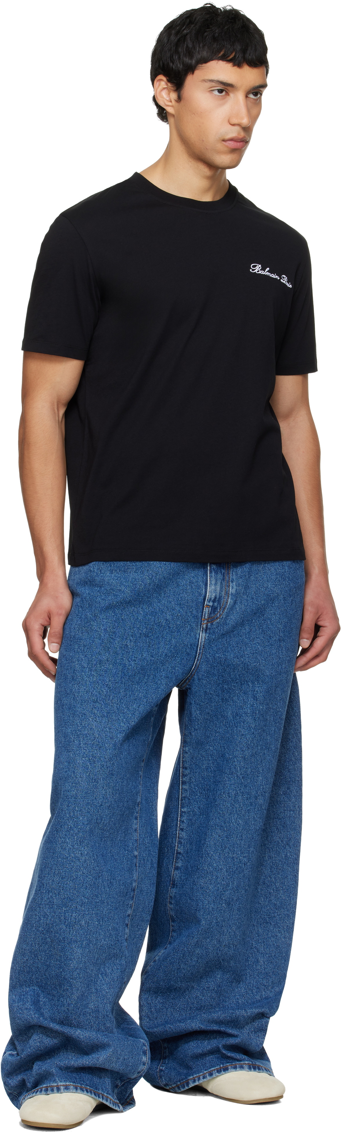 Balmain Black Embroidered 'Balmain' Signature T-shirt