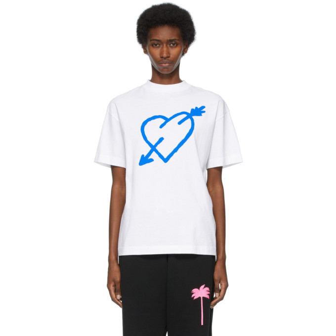 Palm Angels White Pierced Heart T-shirt In White Blue