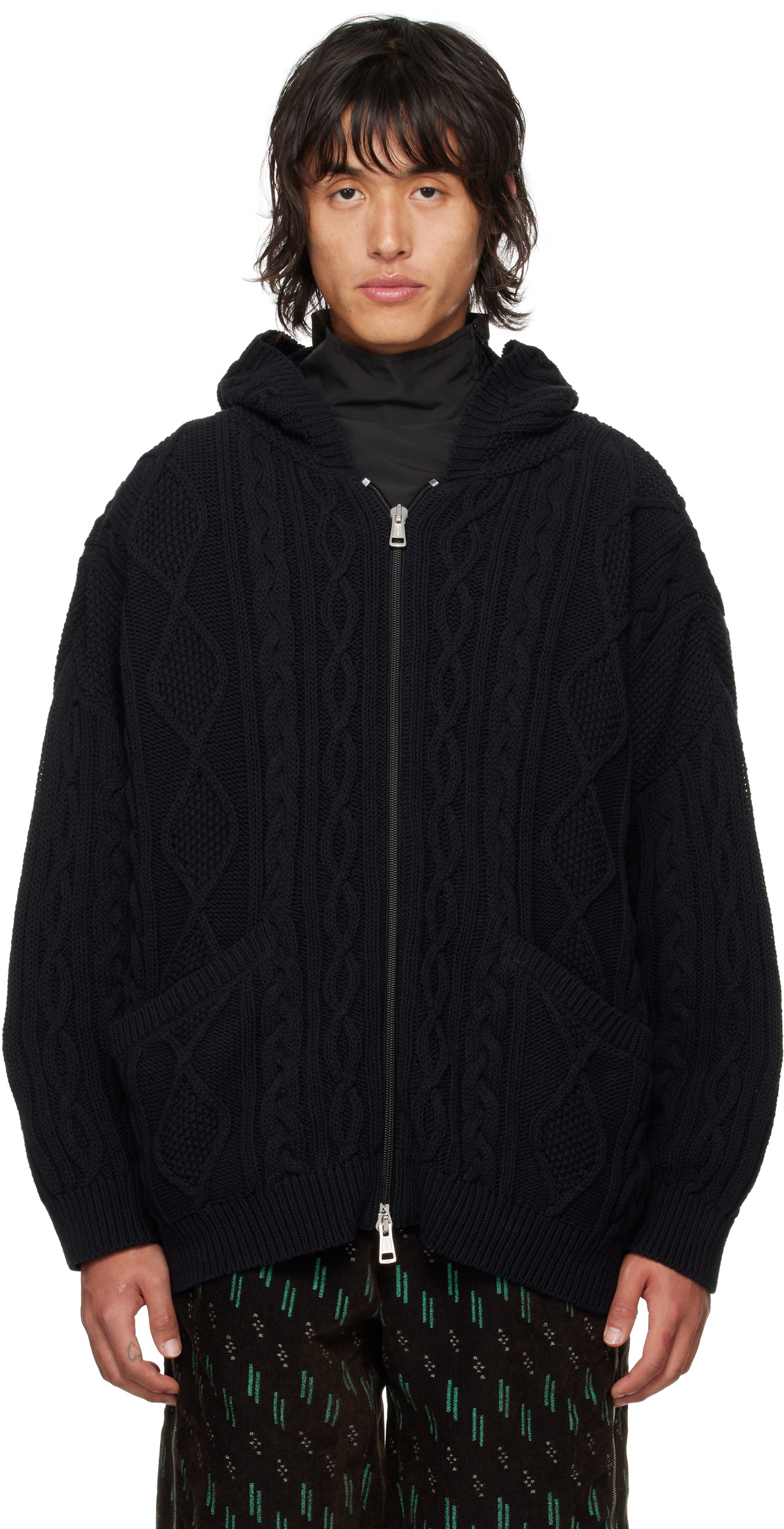 Robyn Lynch Black Oversized Cable-Knit Hoodie