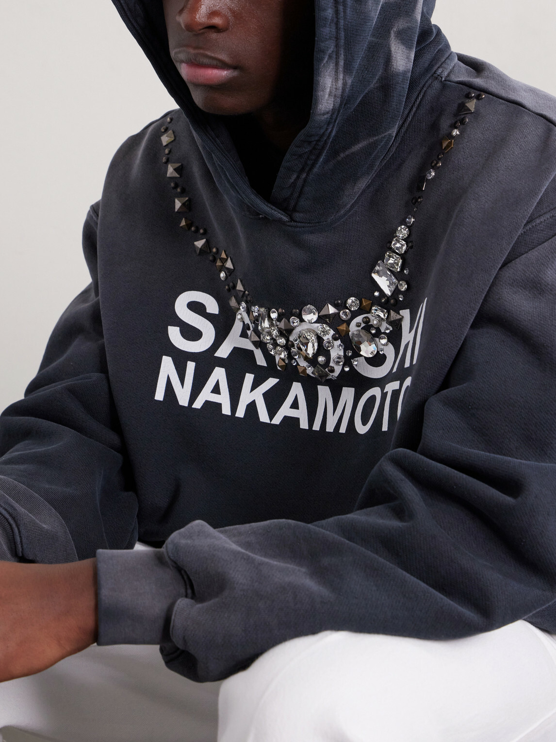 Satoshi Nakamoto - Logo-Print Embellished Cotton-Jersey Hoodie - Black