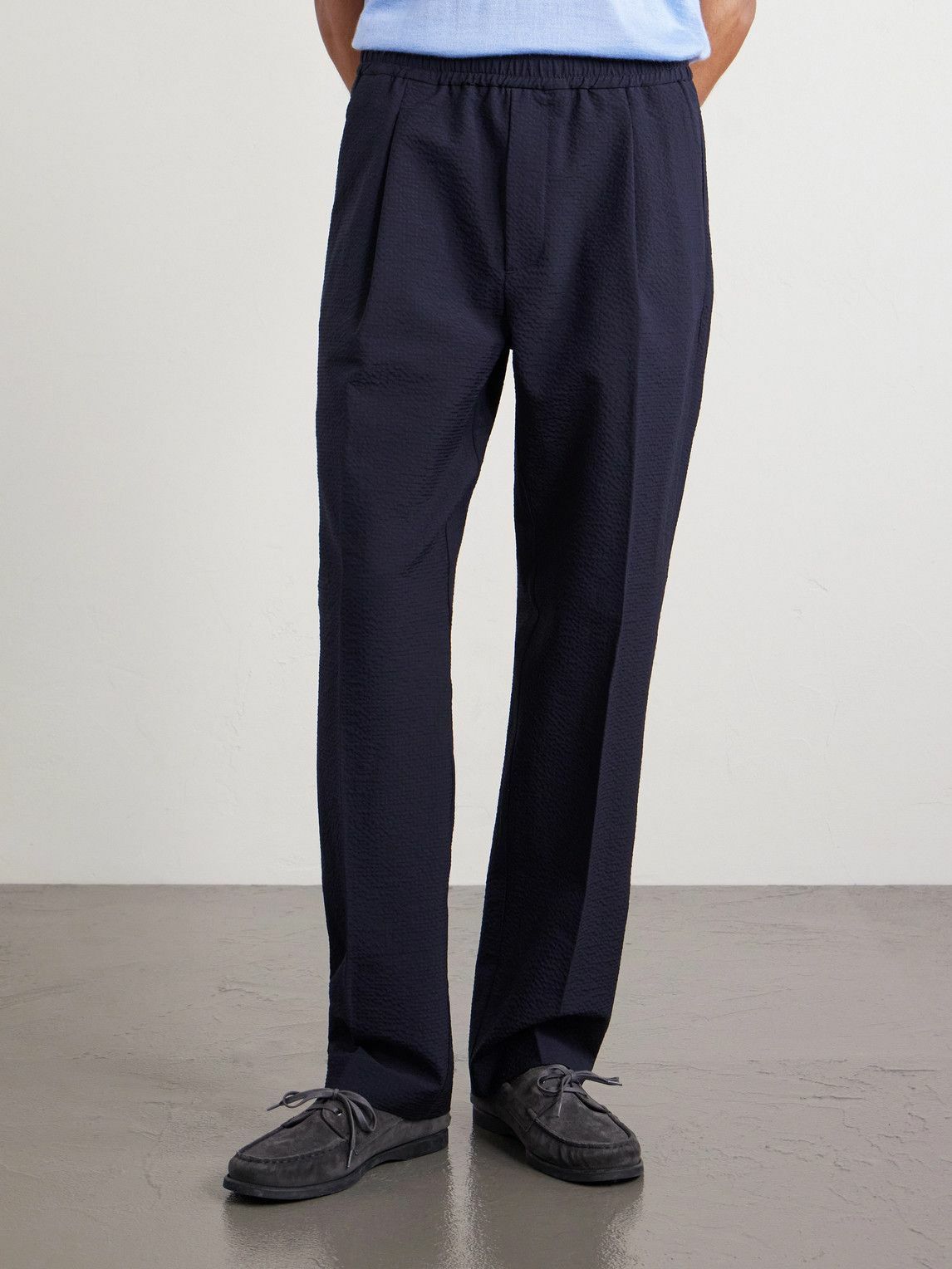 Altea - Straight-Leg Pleated Wool-Blend Seersucker Trousers - Blue