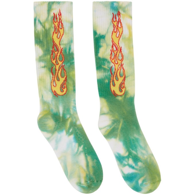 Photo: Palm Angels Green Tie-Dye Flames Socks