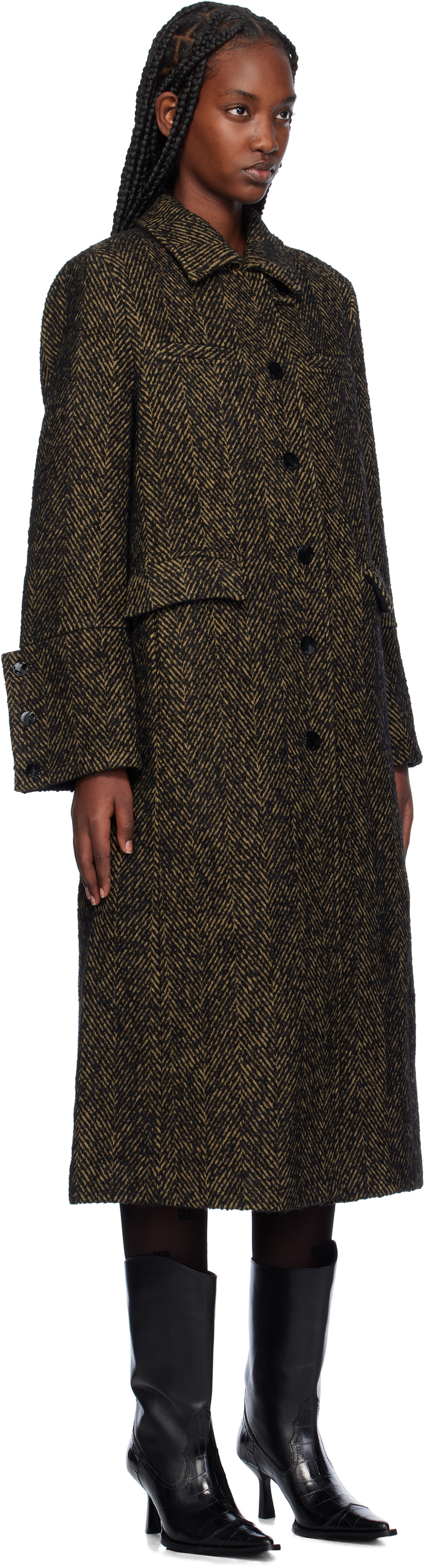 GANNI Brown Herringbone Wool Coat