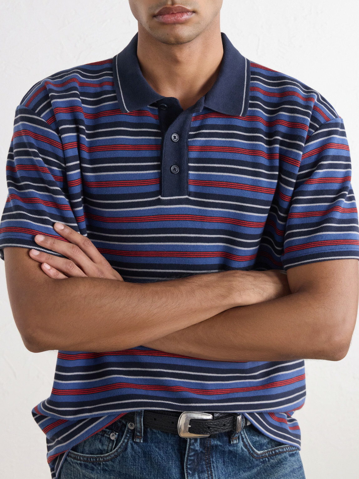 Rag & Bone - Striped Cotton-Piqué Polo Shirt - Blue