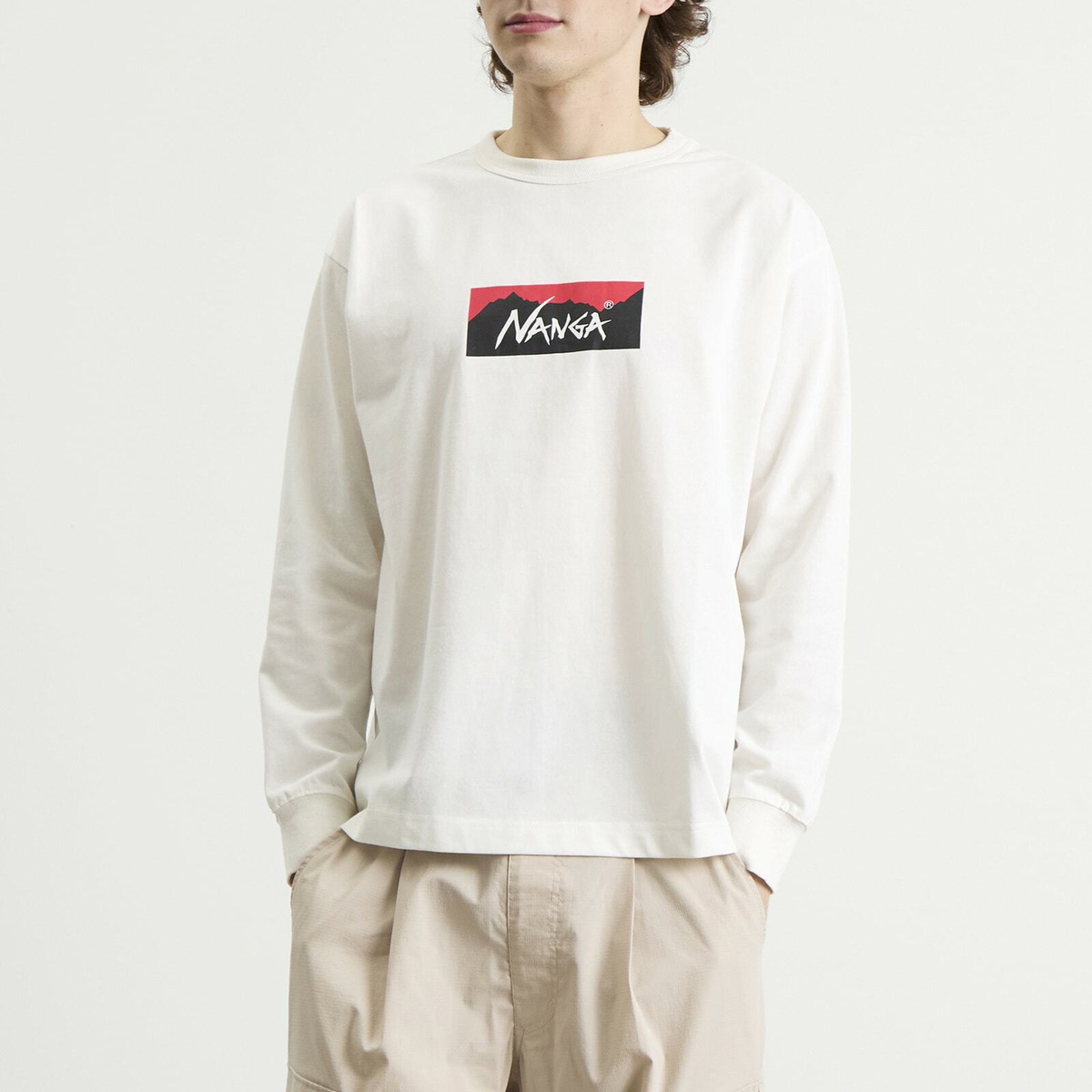 NANGA Men's Eco Hybrid Box Logo Long Sleeve T-Shirt in White