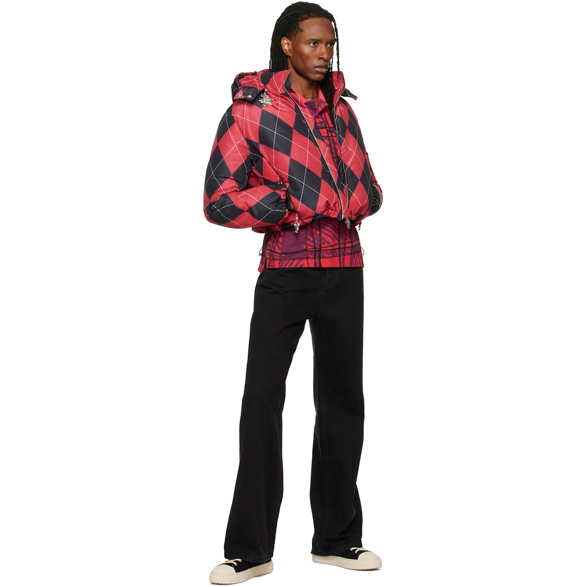 Chopova Lowena Red Argyle Puffer Jacket