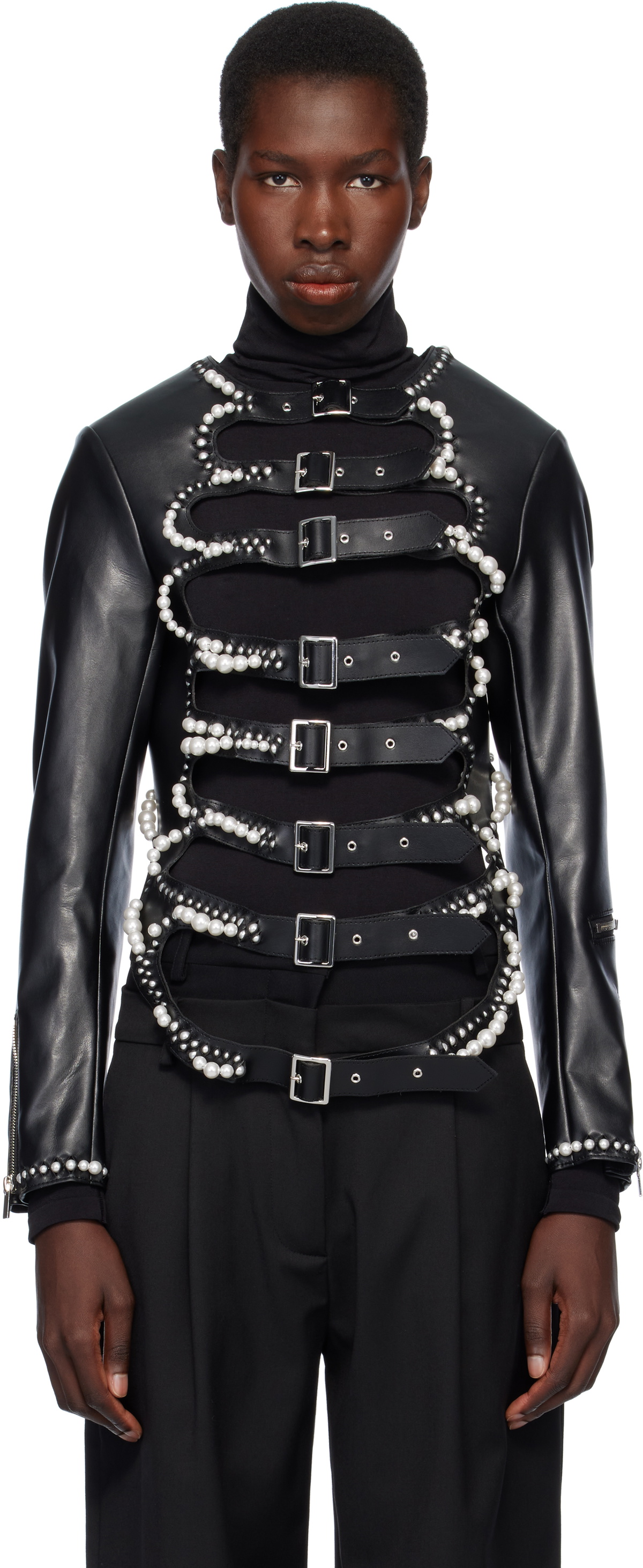 Noir Kei Ninomiya Black Cropped Leather Jacket Noir Kei Ninomiya