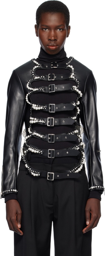 Photo: Noir Kei Ninomiya Black Faux-Pearl Embellished Faux-Leather Jacket