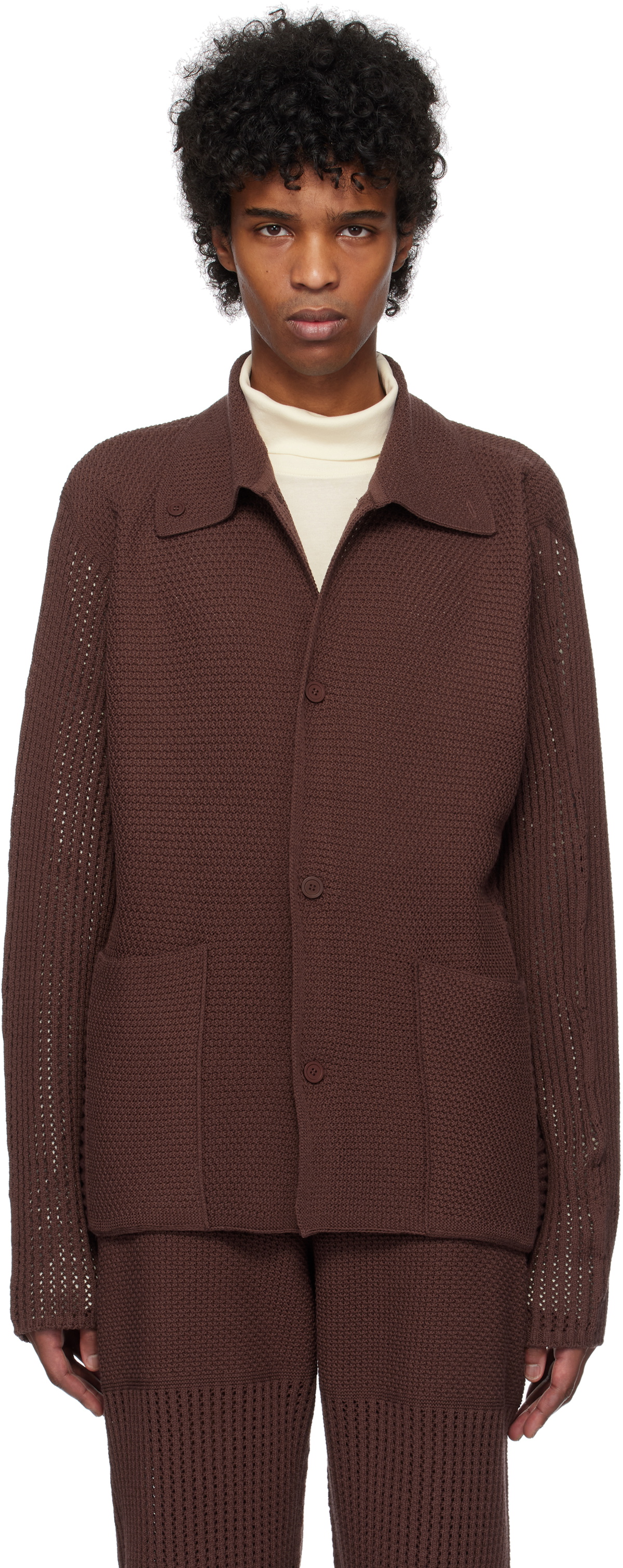 HOMME PLISSÉ ISSEY MIYAKE Brown Rustic Knit Cardigan Homme Plisse
