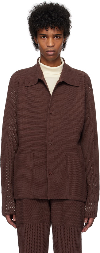 Photo: HOMME PLISSÉ ISSEY MIYAKE Brown Rustic Knit Cardigan