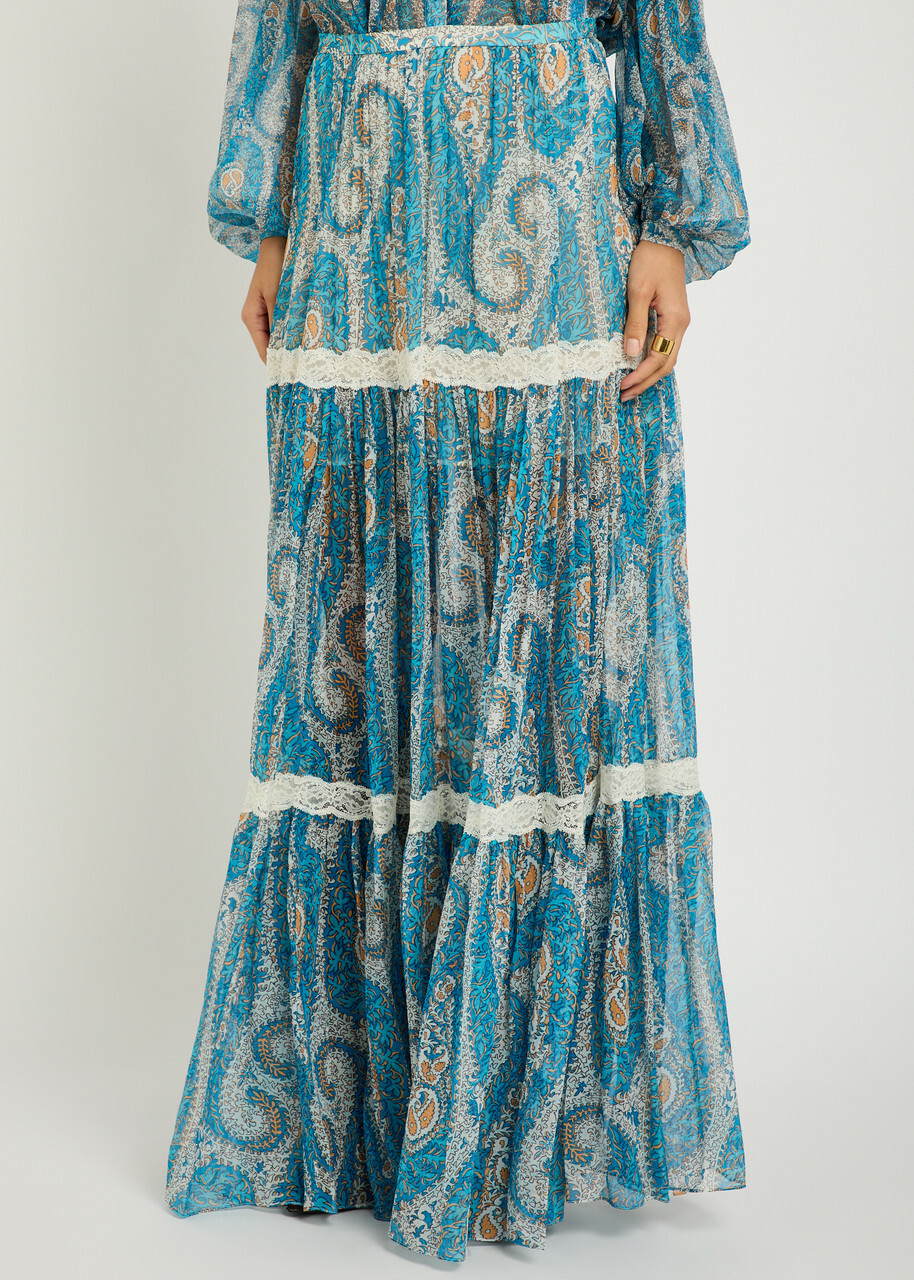 Etro Patterned Silk Maxi Skirt Blue