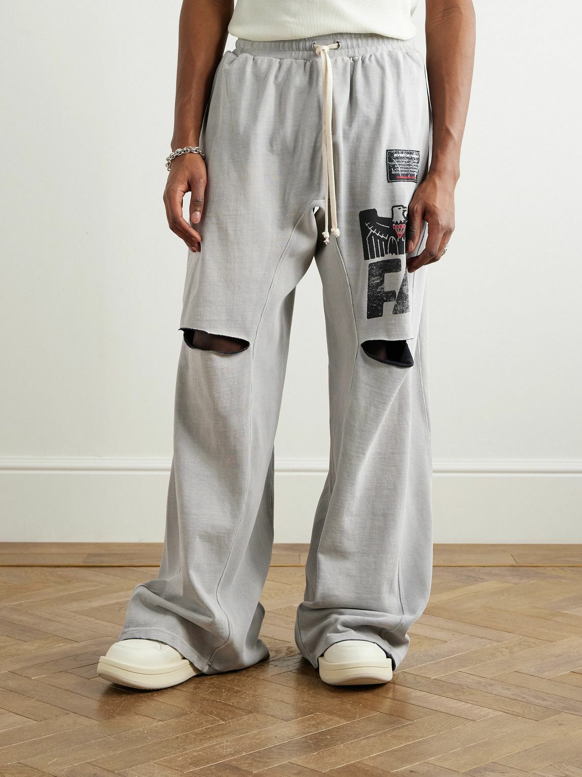RRR123 - Flag Faster Wide-Leg Distressed Printed Cotton-Jersey Sweatpants - Gray