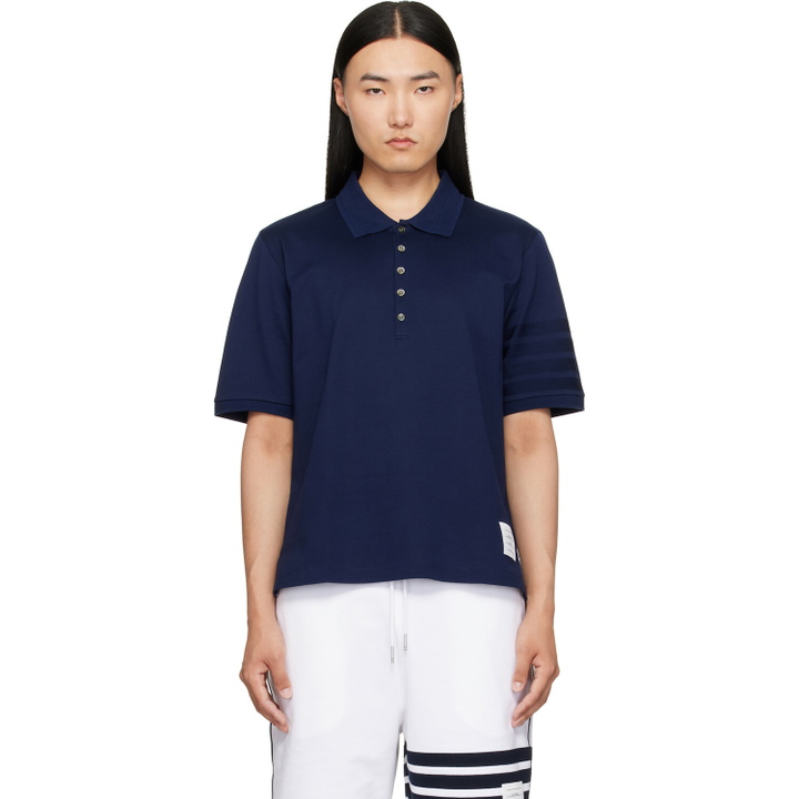 Photo: Thom Browne Navy Jersey Ottoman 4-Bar Polo
