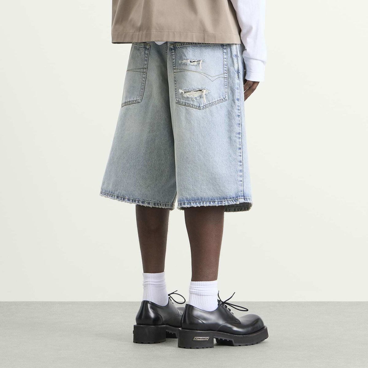 Balenciaga Men's Stay Press Vintage Denim Shorts in Bleach Light Bleu