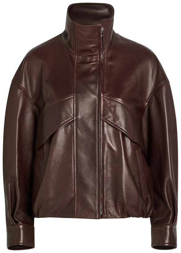 Photo: Nour Hammour Roland Funnel-neck Panelled Leather Jacket Brown
