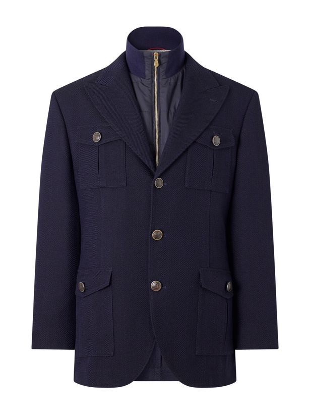 Photo: Brunello Cucinelli - Herringbone Wool and Cotton-Blend Twill Jacket with Detachable Shell Liner - Blue