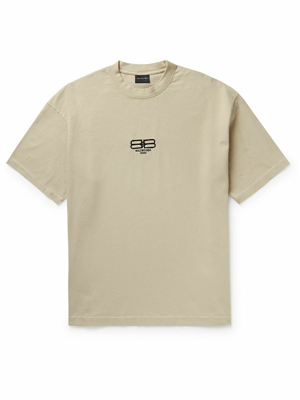 Photo: Balenciaga - BB Paris Logo-Embroidered Cotton-Jersey T-Shirt - Neutrals