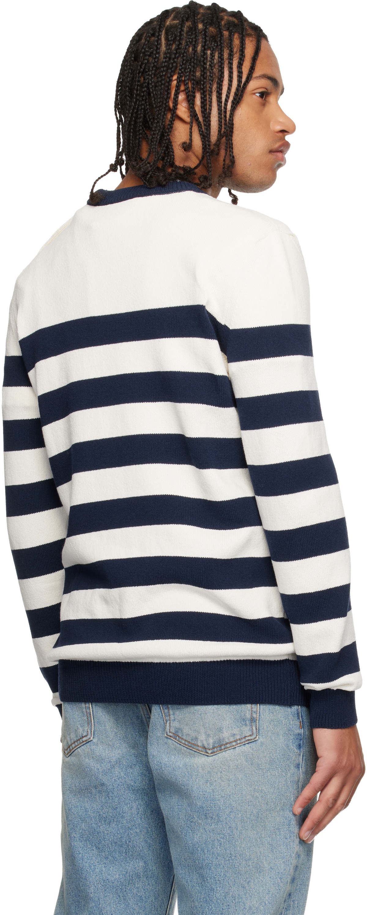 Balmain White & Navy Buttoned Marinière Knit Sweater
