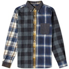 Beams Plus Men's Button Down Flannel Check Panel Shirt in Navy