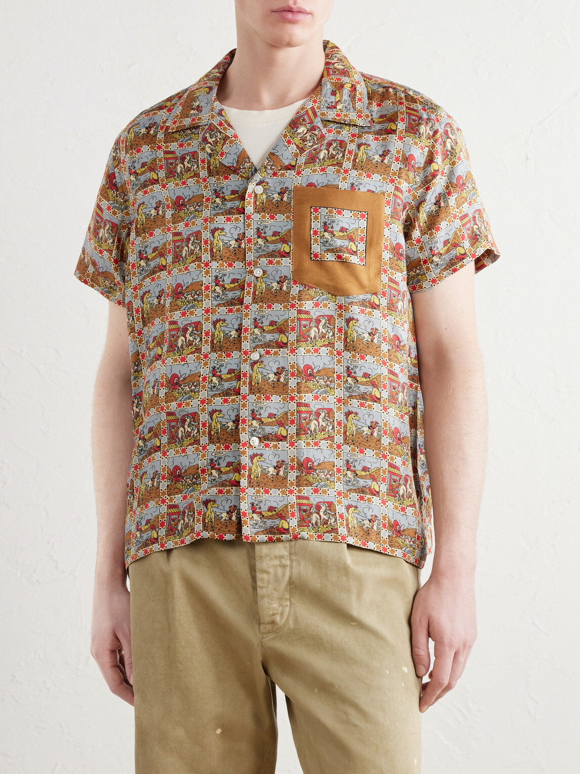 BODE - Cowboy Comic Camp-Collar Printed Silk-Satin Shirt - Brown