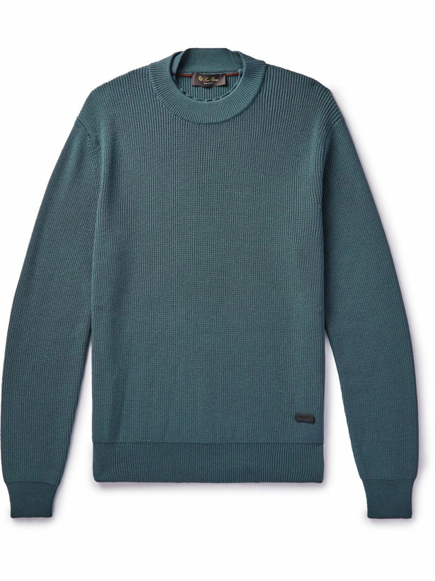 Photo: Loro Piana - Slim-Fit Leather-Trimmed Ribbed Virgin Wool Sweater - Blue