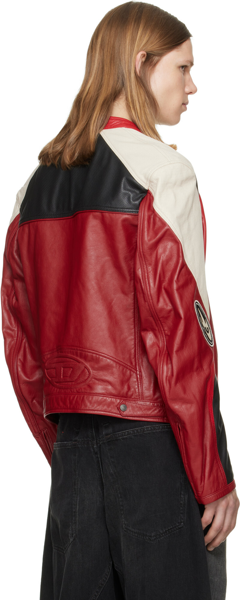 Diesel Red Colour-Block Perforated Leather Biker Jacket