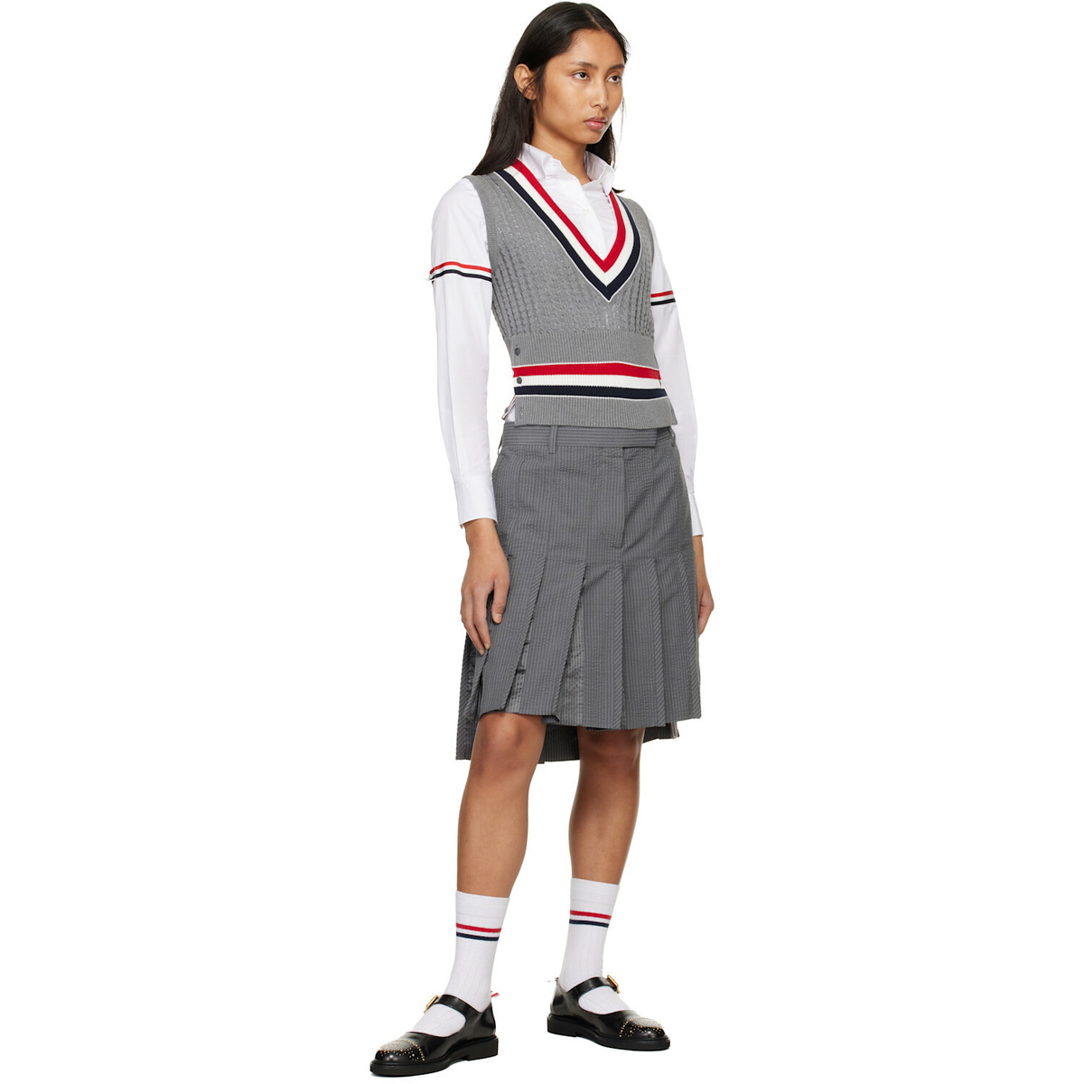 Thom Browne Gray Wool Seersucker Pleated Low Rise Miniskirt