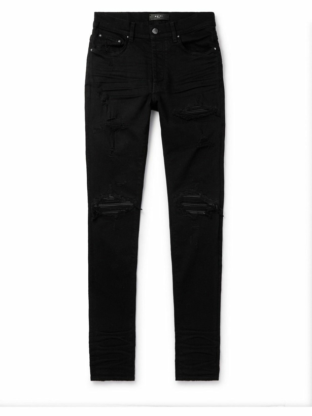 Photo: AMIRI - MX1 Skinny-Fit Leather-Panelled Distressed Jeans - Black