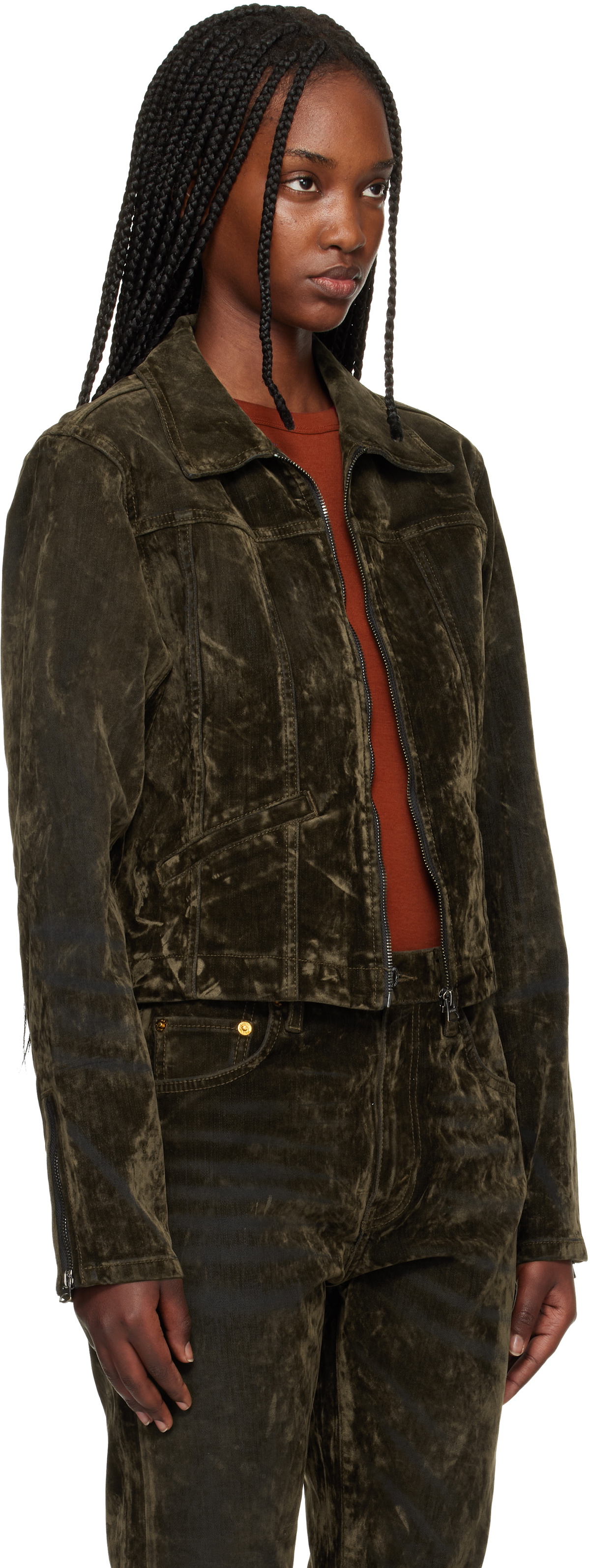 Re/Done Green Slim Zip Denim Jacket