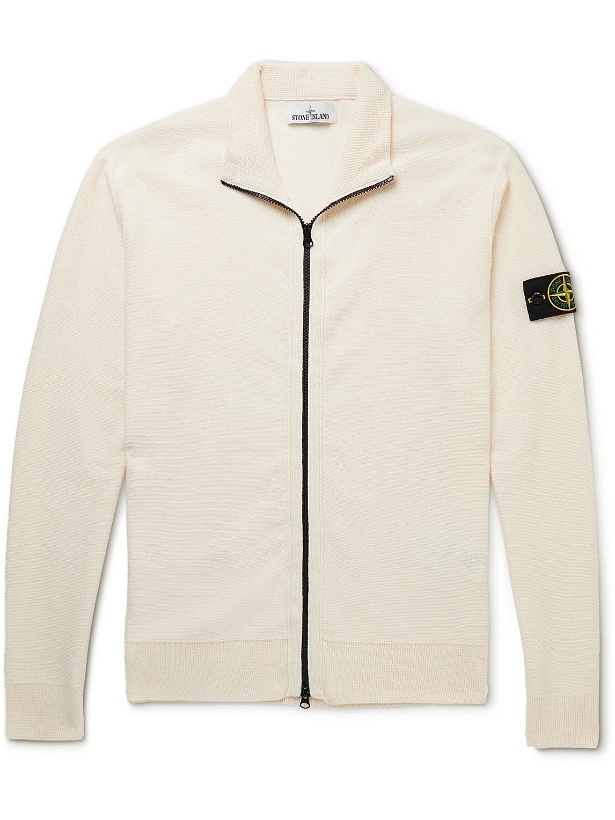 Photo: Stone Island - Logo-Appliquéd Cotton-Piqué Zip-Up Sweater - Neutrals