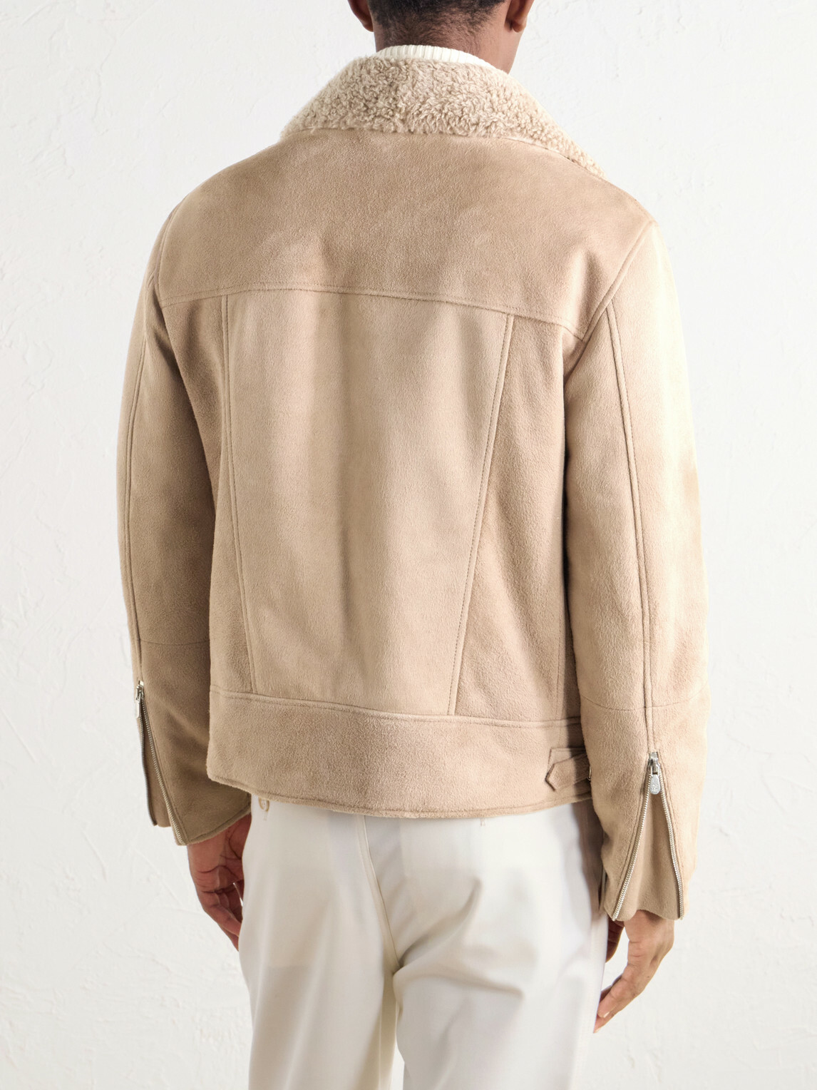 Brunello Cucinelli - Shearling-Trimmed Suede Leather Biker Jacket - Neutrals