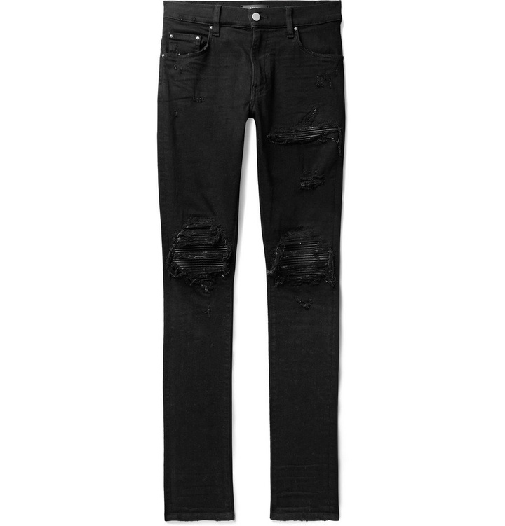 Photo: AMIRI - MX1 Skinny-Fit Leather-Panelled Distressed Stretch-Denim Jeans - Black