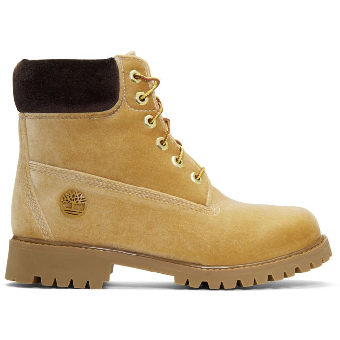 Photo: Off-White Tan Timberland Edition Velvet Boots