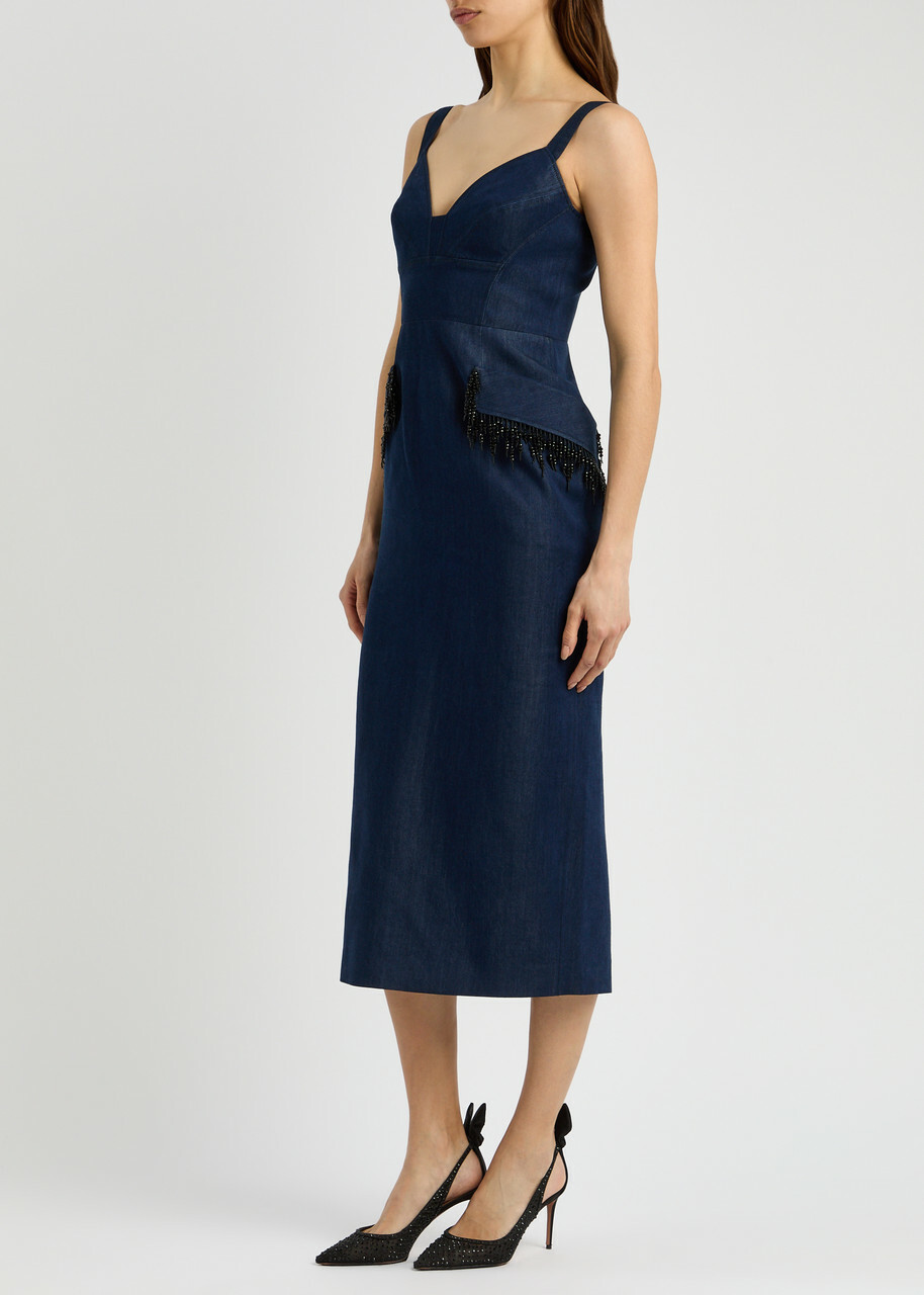 Huishan Zhang Rosalia Embellished Chambray Midi Dress Dark Blue