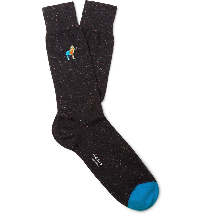 Photo: Paul Smith - Logo-Embroidered Flecked Cotton-Blend Socks - Black