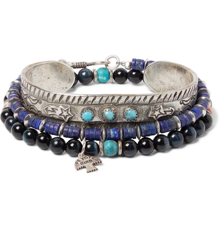 Photo: Peyote Bird - Set of Three Sterling Silver, Turquoise, Tiger's Eye and Lapis Heishi Bracelets - Blue