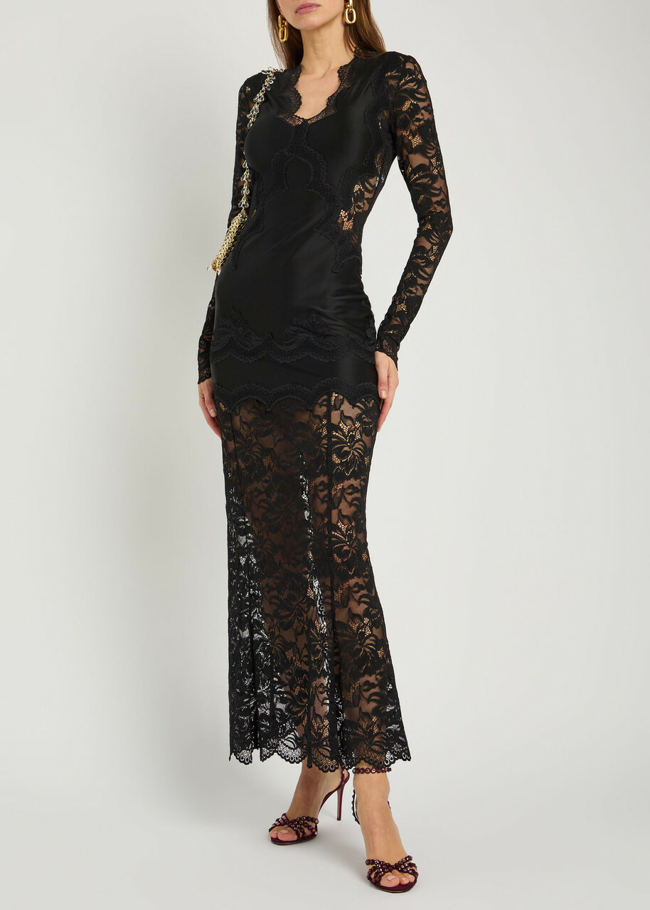 Rabanne V-neck Lace and Jersey Maxi Dress Black