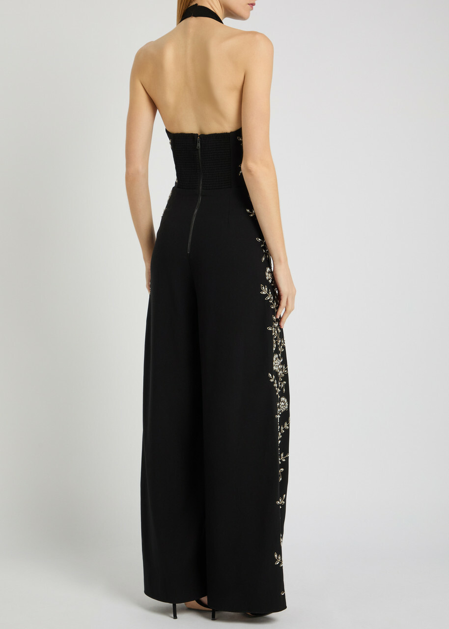 Alice + Olivia Gatz Floral-embellished Crepe Jumpsuit Black