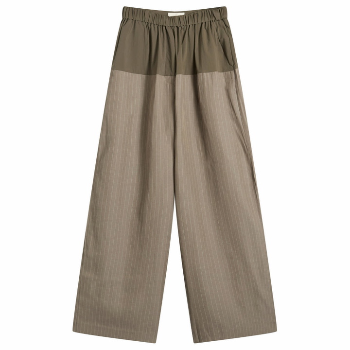 Photo: ST. Agni Women's Relaxed Splice Pants in Khaki Pinstripe
