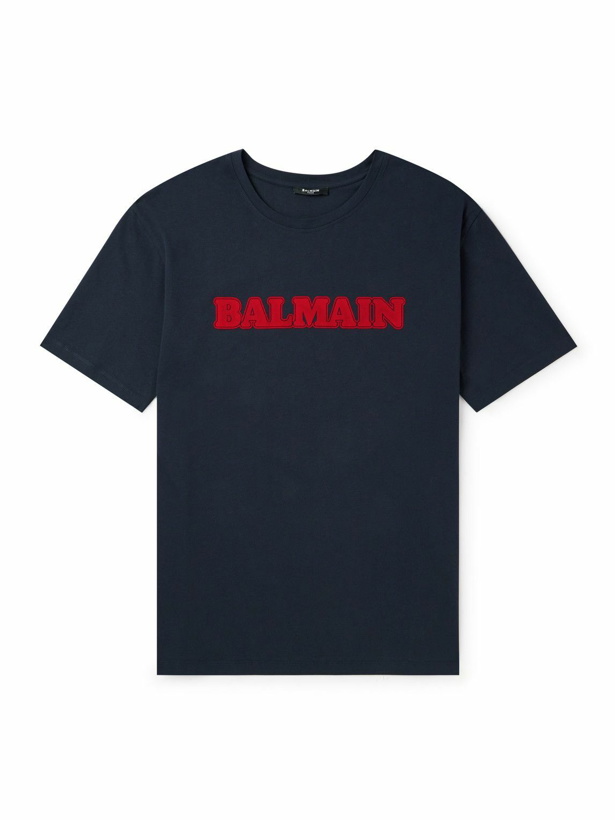 Photo: Balmain - Logo-Flocked Cotton-Jersey T-Shirt - Blue