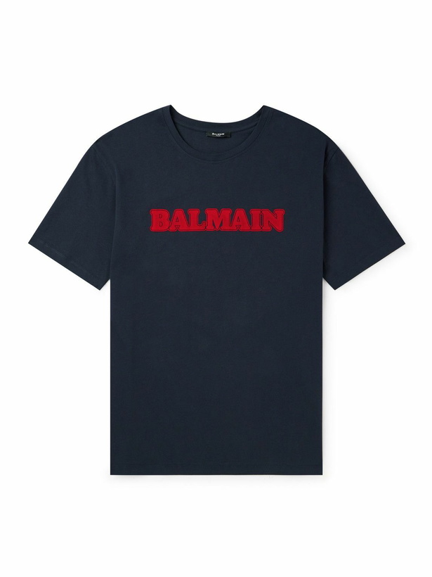 Photo: Balmain - Logo-Flocked Cotton-Jersey T-Shirt - Blue